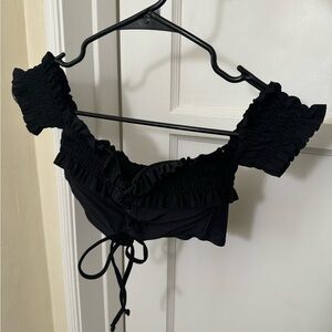 Xhilaration Black Ruffled Swim Top with Lace Detail